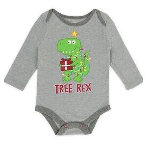 Holiday Time Baby Boy Gray Long Sleeve Graphic Tree Rex Bodysuit Size 0-3M